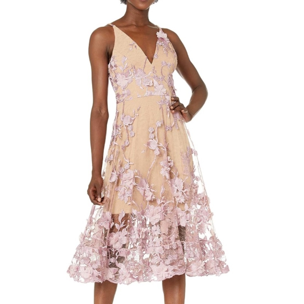 🎉On Sale Gorgeous 3D lilac nude mesh-lace midi dress with spaghetti strap -Sz XL